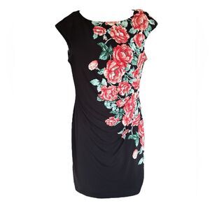 Anne Klein Black and Red Asymmetrical Ruched Rose Sheath Midi Dress - 12 L